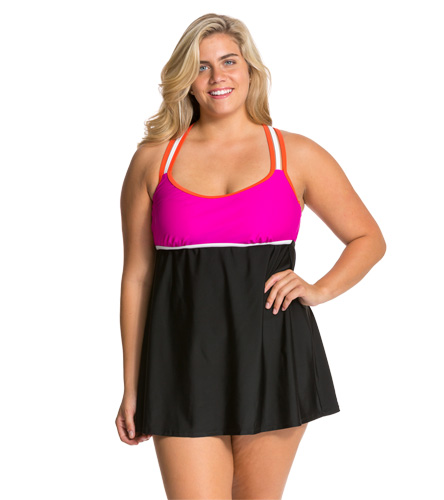 Delta Burke Plus Size Sporty Solid Racerback Swim Dress at SwimOutlet ...